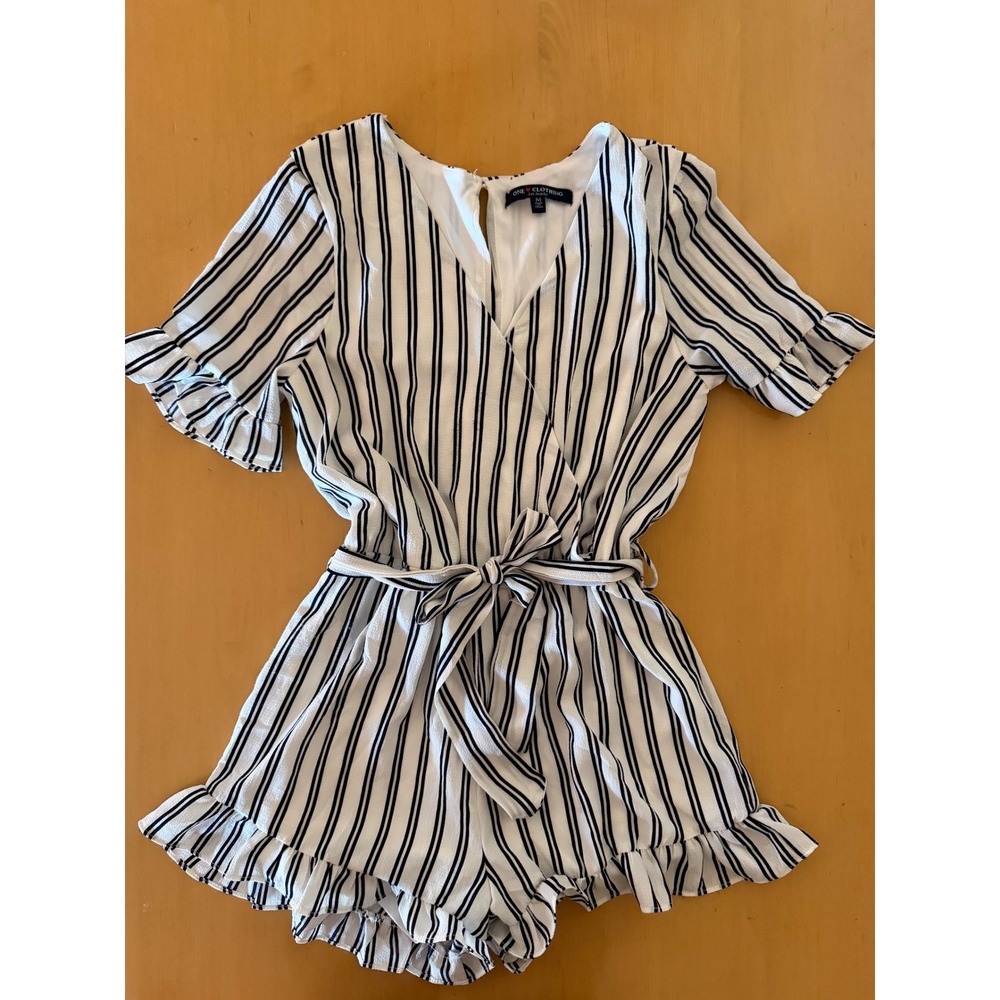 One Clothing Striped Wrap Romper Navy White Ruffle Tie Waist Medium